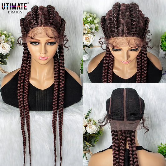 32 inches Large Four Braid Lace Wig for Black Women Braided Wig  Full Lace Glueless Box Braids Wig Women Synthetic Braided